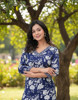 PS FASHION Women Printed Straight Kurta(Blue, White)