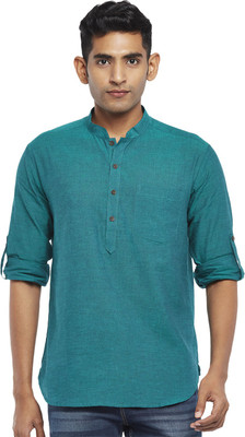 Indus Route by Pantaloons Men Self Design Straight Kurta(Blue)