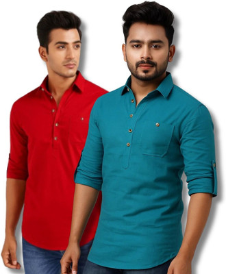CROWNTAIL Men Solid Straight Kurta(Red, Blue)