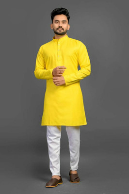 TUSUCREATION Men Solid Straight Kurta(Yellow)