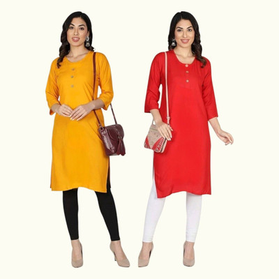 Adgoodstrader fashion Women Solid Straight Kurta(Red, Yellow)