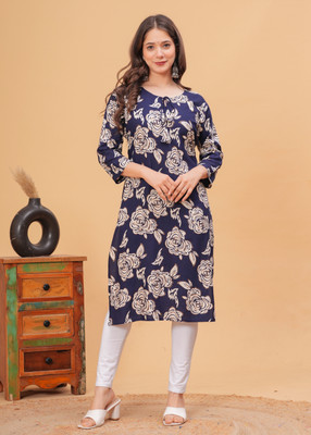 Dk Fab Women Printed Straight Kurta(Blue)