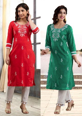 vikshi Women Chikan Embroidery Straight Kurta(Multicolor)