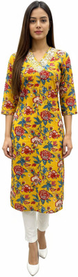Vaman Women Floral Print, Embroidered Straight Kurta(Yellow)