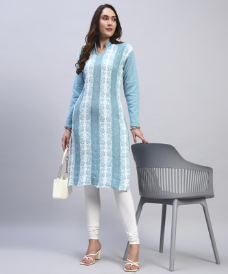 DECANTER Women Woven Design Straight Kurta(Light Blue)