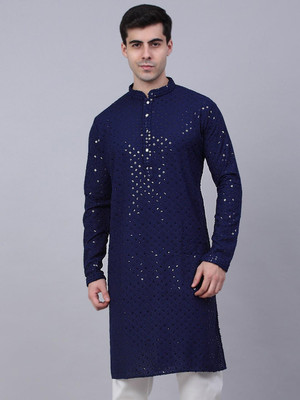 ALMORA Men Chikan Embroidery Straight Kurta(Dark Blue)
