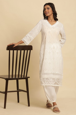 W Women Floral Print Straight Kurta(White)