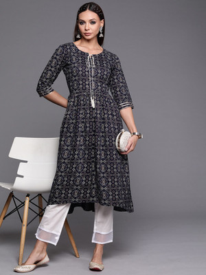 ANOUK Women Geometric Print A-line Kurta(Dark Blue)