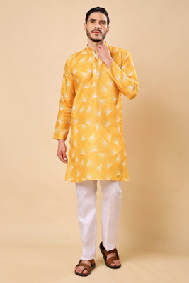 Ashak fashions Men Printed, Floral Print Straight Kurta(Yellow)