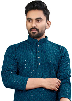 click n buy Men Embellished Straight Kurta(Dark Blue)