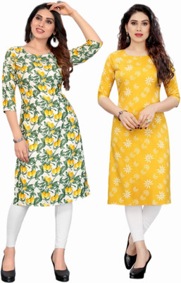 MDR FASHION Women Printed Straight Kurta(Yellow, Dark Green, White)