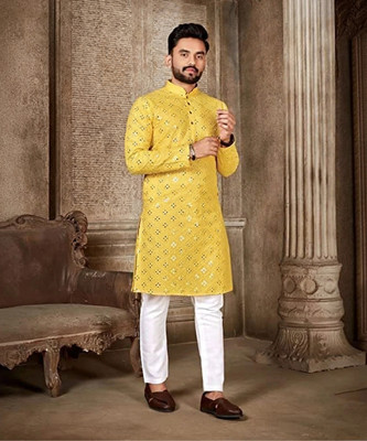 Krudha Creation Men Embroidered Straight Kurta(Yellow)