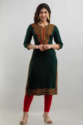 GODWEEN Women Embroidered Straight Kurta(Green)