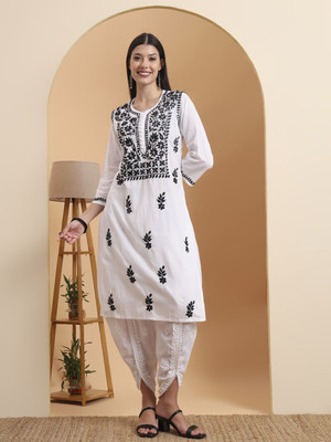 Elenora Women Chikan Embroidery Straight Kurta(White)