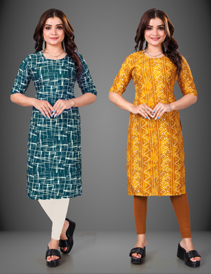 MOBHISA Women Printed Straight Kurta(Yellow)