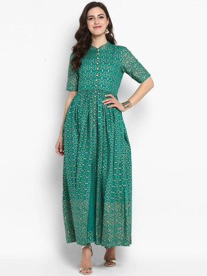 MEERANSHI LIVING Women Geometric Print Flared Kurta(Green)