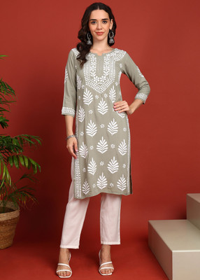 VAHSON Women Chikan Embroidery, Embroidered A-line Kurta(Light Green, White)
