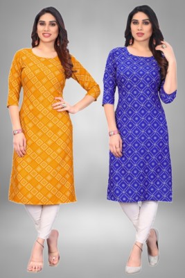 MARIDI FASHION Women Printed Straight Kurta(Yellow, White, Dark Blue)