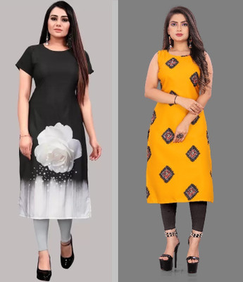 Modli 20 Fashion Women Printed Straight Kurta(Grey, Yellow)