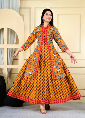 DSS FASHION Women Printed Anarkali Kurta(Orange)