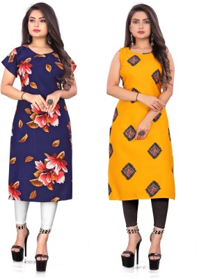 tanvi creation Women Printed Straight Kurta(Blue, Yellow)