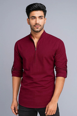 GOD HEART Men Solid Straight Kurta(Maroon)