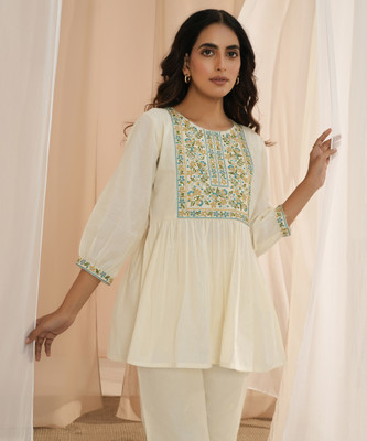LIBAS Women Embroidered A-line Kurta(Yellow)
