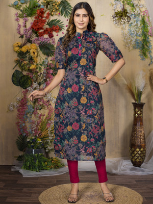 Sun Fashion And Lifestyle Women Printed Straight Kurta(Blue)