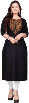 Glory Silk Women Embroidered Straight Kurta(Black)