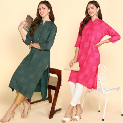 Yaduka Women Self Design Straight Kurta(Green, Pink)