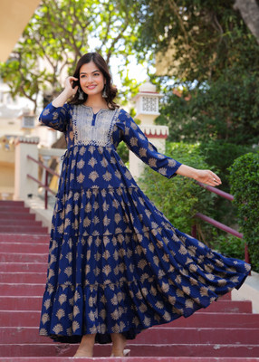 CHARVI CREATION Women Printed, Embroidered Flared Kurta(Blue)