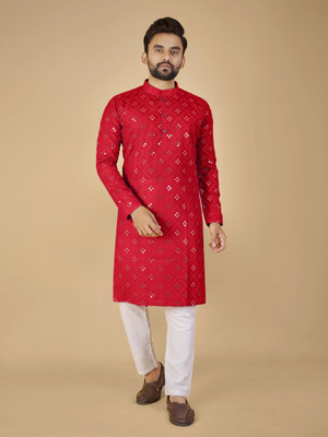 ORIFAB Men Embroidered Straight Kurta(Red)