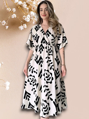 Shreejagdamba Women Gown Black, White Knee Length Dress