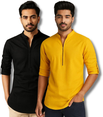 RAREMARK Men Solid Straight Kurta(Black, Yellow)