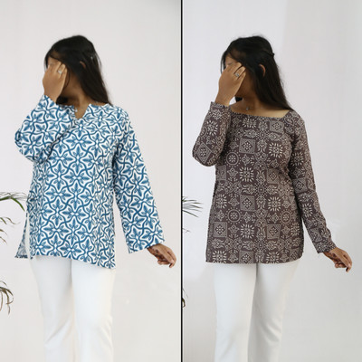 aanzri Women Printed A-line Kurta(Blue, Dark Blue)