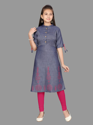 3SIX5 Girls Printed Straight Kurta(Blue)