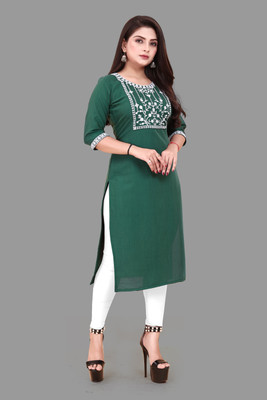 KURTIFABRIC Women Embroidered A-line Kurta(Green)