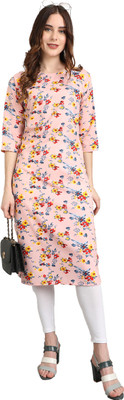 PINK WISH Women Floral Print Straight Kurta(Pink)