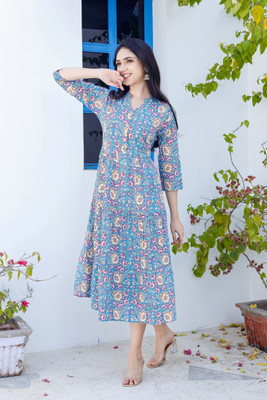 FebQ Women Floral Print Flared Kurta(Blue)