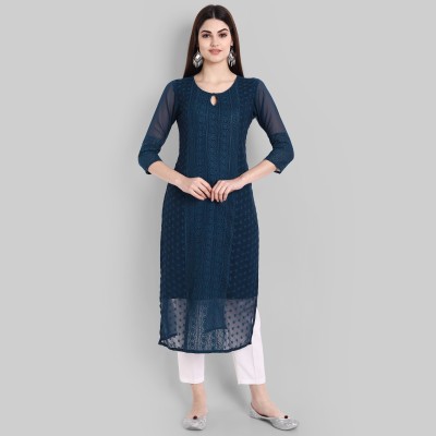 Zokhi Women Embroidered A-line Kurta(Blue)