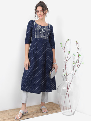 Vishudh Women Polka Print Anarkali Kurta(Dark Blue)