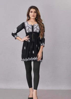 Labdhi Creation Women Chikan Embroidery A-line Kurta(Black)