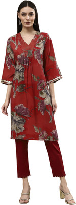 BIBA Women Floral Print Straight Kurta(Orange)