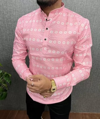 Shree Sundha Men Printed Straight Kurta(Pink)