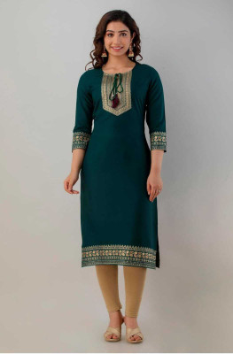 Raghulila Women Printed Straight Kurta(Dark Green)