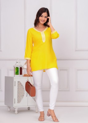 NEW4U Women Embroidered Straight Kurta(Yellow)