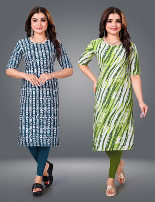 MOBHISA Women Printed Straight Kurta(Green)