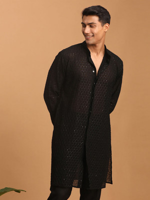 VASTRAMAY Men Striped A-line Kurta(Black)