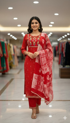 Kradha Women Printed, Embroidered, Dyed/Ombre Straight Kurta(Red)