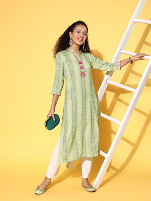 all about you Women Printed Straight Kurta(Green)